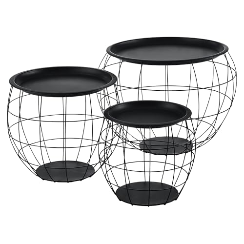 In And OutdoorMatch Beistelltisch Nedra - Couchtisch - 3er Set - Abnehmbare Tischplatte - Schwarz - Metall und MDF - Modernes Design
