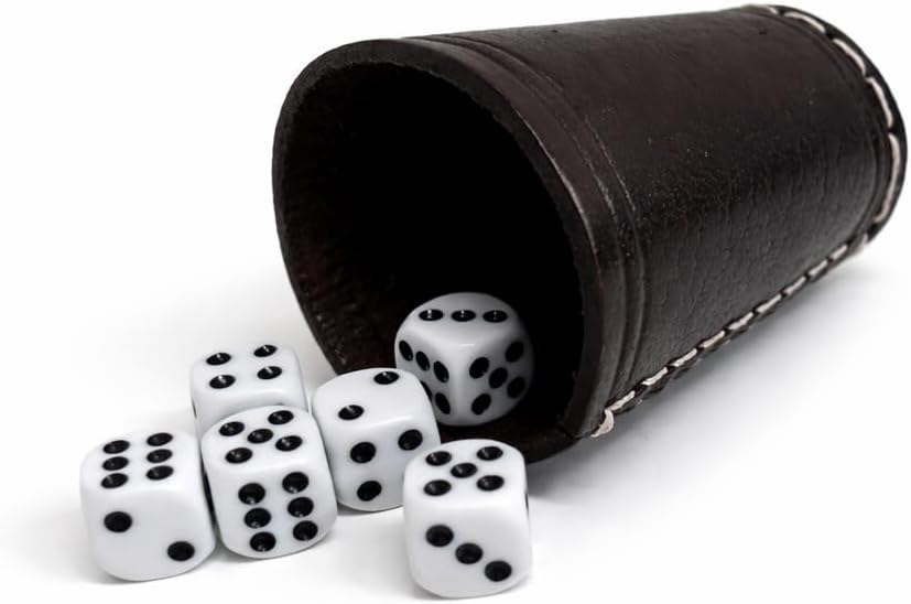 Genuine Leather Dice Cup - Handmade Cup with 6 Dice (16mm) High Quality Workmanship for Dice Games