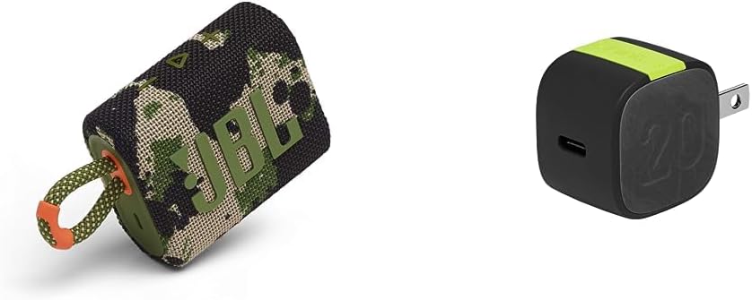 JBL Go 3: Portable Speaker with Bluetooth, Built-in Battery, Waterproof and Dustproof Feature - Squad and InfinityLab InstantCharger 20W 1 USB Compact USB-C PD Charger (Black)