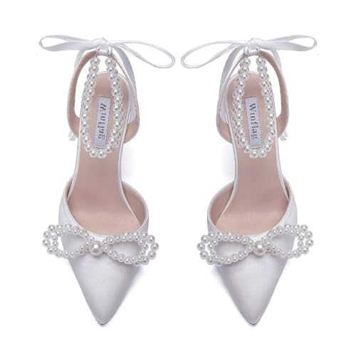 Image of Pearl Wedding Shoes for Bride High Heel Bridal Shoes Closed Toe Wedding Heels