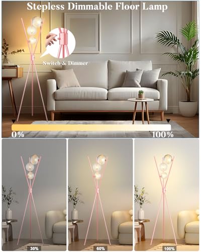 Image of Lightdot Tripod Floor Lamp Dimmable Pink Standing Lamps with Globe Clear Glass Lampshade 3PCS 3000K Bulbs Included Mid Century Modern Floor Lamp for Living Room /Bedroom /Sofa Beside /Corner Decor