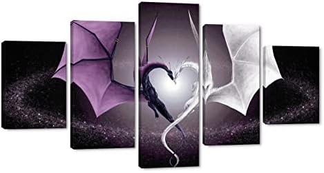 Yatsen Bridge 5 Panel Canvas Wall Art Decor Fantasy Scene Devil's Wing Prints Painting Creative Heart Shaped Dragon Poster Decorations Stretched and Framed Ready to Hang for Living Room (60''Wx32''H)