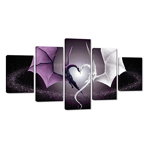 Yatsen Bridge 5 Panel Canvas Wall Art Decor Fantasy Scene Devil's Wing Prints Painting Creative Heart Shaped Dragon Poster Decorations Stretched And Framed Ready To Hang For Living Room (60''Wx32''H) #TOP5