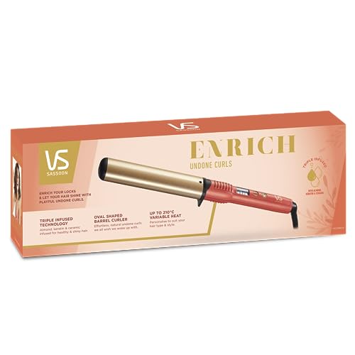 VS Sassoon Enrich Undone Curls 38mm Curling Iron – Large Barrel Hair Curler with Fast Heat Up, 5 Heat Settings (150°C–210°C), Triple Infused Almond, Keratin & Ceramic Technology, Smooth & Shiny Results, Auto Shut-Off – Coral