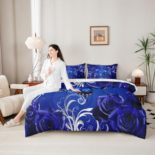 Image of Feelyou Cute Butterfly Comforter Set Twin Size 7 Pieces 3D Butterflies Bedding Set Kids Boys Girls Galaxy Dreamy Bed in a Bag with Comforter, Sheets, Pillowcases, Cushion Covers Glitter Rose Floral