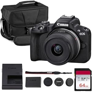 Canon EOS R50 Mirrorless Camera Kit – APS-C RF Camera with 18-45mm Lens, 4K Video, Dual Pixel AF II & Vari-Angle Touchscreen (5811C012) + Shoulder Bag + 64GB Memory Card
