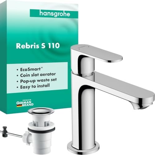 hansgrohe Rebris S - Waschtischarmatur mit Zugstangen-Ablauf, Wasserhahn Bad mit Auslauf Höhe 109 mm, Mischbatterie Waschbecken wassersparend (EcoSmart), Chrom, 72517000