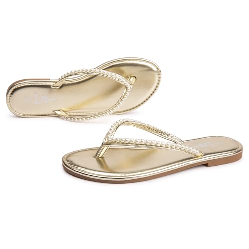 Image of LM Women's Pearls Strappy Flat Sandals Thong Sandals Flip Flop Slip On Slide Sandals for Women Dressy Summer