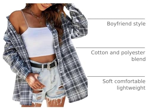 Image of HangNiFang Womens Flannel Plaid Shirts Oversized Button Shirts Blouse Tops