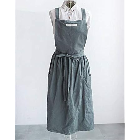Amazon Ansimple ワンピース エプロン おしゃれ 無地 リネン 薄地 カフェ屋 花屋 キッチン ガーデニング ベーキング 保育士 フリーサイズ ダークグレー Ansimple ホーム キッチン