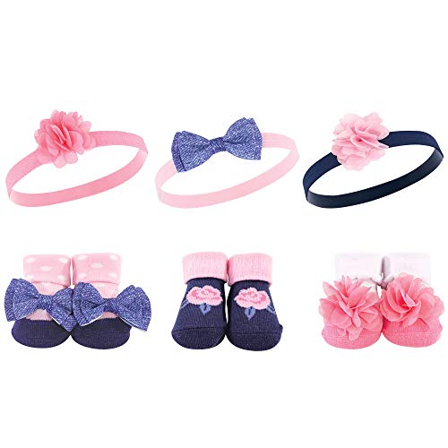 Hudson Baby Unisex Baby Headband and Socks Gift set, Pink Navy Flower, One Size