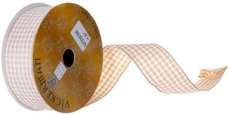 Vickerman 1.5" x 10 Yard Tan and White Houndstooth Ribbon. image 2