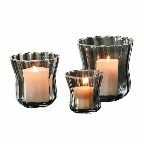 Loberon Windlicht 3er Set Lovire, DREI Größen, Mundgeblasen, Elegante Farbtönung, Beruhigende Atmosphäre, Geschwungene Formen, Kerzenhalter, Glas, grau