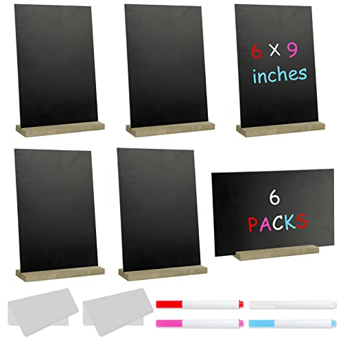 VIPITH 6Pack Double Sided Mini Chalkboard Signs,Wooden Rectangle Small Blackboard with 4 Erasable Blackboard Pens 2 Cleaning Cloth for School, Weddings, Party Food Signs, Message Board Signs (6x9)