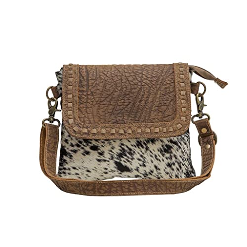 Myra Bag Manchester Cowhide Purse - Black and Ivory Cow Hide Crossbody Handbag for Women, Western Saddle Purse with Adjustable Strap Length
