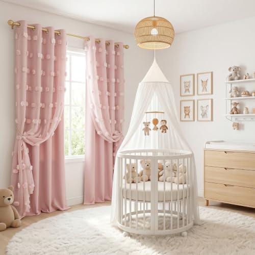 Image of MYSKY HOME Pink Curtains for Bedroom 72 Inches Long Nursery Curtains Pom Pom Pink Sheer Curtains for Girls Room Double Layer for Toddler Bedroom Grommet Room Darkening Window Panels 52 x 72 Inch
