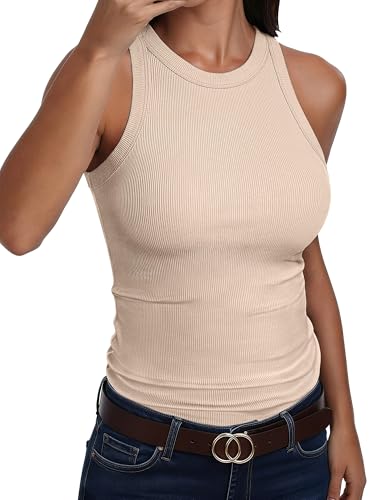 ANRABESS Sleeveless Tank Tops for Women High Neck Racerback Ribbed Knit Top Summer 2026 Casual Basic Slim Fit Workout Shirts Beige Small