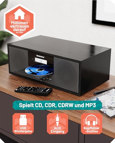 DAB Radio mit CD Player und Bluetooth | 60W Stereoanlage | Kompaktanlage mit USB | CD Player HiFi | UKW Radio Musikanlage | Digitalradio mit CD Player & Fernsteuerung | Küchenradio | OAKCASTLE DAB500