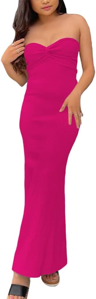Sdencin Women Sexy Twist Knot Front Ribbed Knit Bodycon Bandeau Tube Dress Casual Solid Strapless Maxi Long Dress