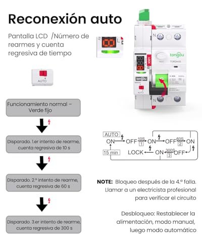 Miniatura 5 de Tongou Diferencial Auto Rearmable, Tipo A 1p N Diferencial 40a 30ma 230v, Diferencial Superinmunizado Rearmable, Aplicable A Viviendas Familiares, Edificios Comerciales Pequeños, Etc