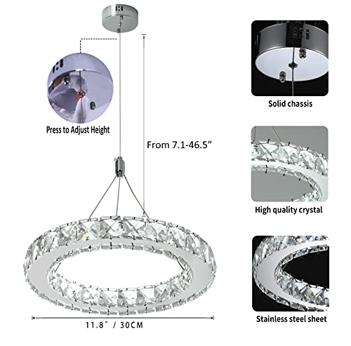Led Crystal Chandelier, Modern Chandeliers Lighting And Hanging Ring Adjustable, Cool White Pendant Lamp, Stainless Steel Ceiling Light Fixture For Living Room Dining Room Bedroom (Ring:11.8") #TOP6