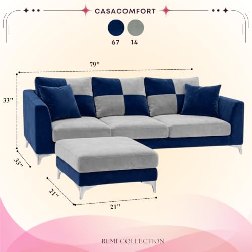 Image of Romeo Rich 4 Seater L Shape Sofa Set with Movable Ottomans | Flexible Layout | Velvet Suede Fabric | Golden Aesthetic Legs | Dual Tone Modern Sofa for Living Room (Dark Blue-Light Grey)