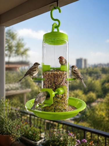 Image of PuraMart Hanging Bird Feeder for Garden, Balcony (1 Litre) | Bird Food Dispenser | 4 Feeding Ports | 360 Perch | Weatherproof Bird Feeding Station | Indoor & Outdoor Use (Feeder(Pack of 1))