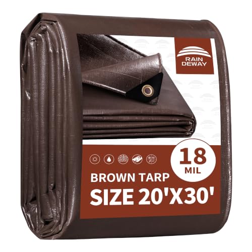 RAINDEWAY Tarp 20x30ft Brown Tarps Heavy Duty Waterproof 18Mil Extra Thick
