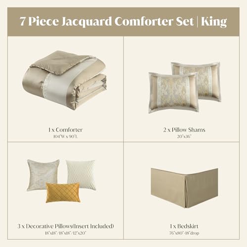 Image of CozyDH Comforter Set King Size, Champagne Gold Beige - Luxury 7 Piece Bed in a Bag Jacquard Damask Vintage Floral, All Season Down Alternative Bedding with Bed Skirt, Shams, Decor Pillows, 104x90 in