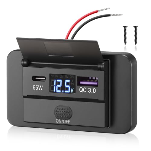 Thlevel Toma USB Coche Cargador de Coches 18W QC3.0 65W PD Tipo C Carga Rápida con Voltímetro y Interruptor para 12V 24V Barcos Motocicleta Marina Camión
