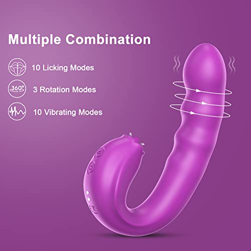 Clitoral Licking Rotating G Spot Vibrator, 3 In 1 Clit Tongue Dildo Vaginal Vibrating Stimulator With 10 Modes, Anal Breast Nipple Massager Butt Plug, Adult Sex Toys For Women Couples #TOP2