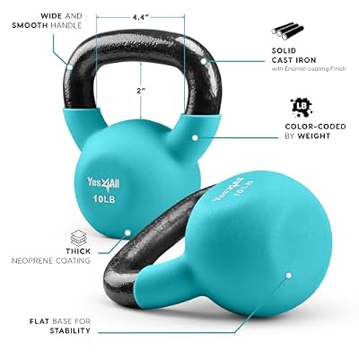 Yes4All Kettlebell, 5-65 LB Neoprene Coated Cast Iron Kettlebells, Wide Grip Handle & Flat Bottom for Swings, Squats, Deadlifts, Push Ups & Full Body Training at Home Gym - Single & Set