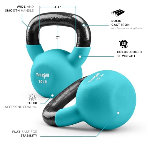 Yes4All Kettlebell, 10 LB Neoprene Coated Cast Iron Kettlebells, Wide Grip Handle & Flat Bottom for Swings, Squats, Deadlifts, Push Ups & Full Body Training at Home Gym by Yes4All - Image 3