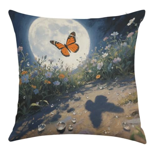 Image of FekiLoot Orange Butterfly Moon Flower Faux Linen Throw Pillow Cover