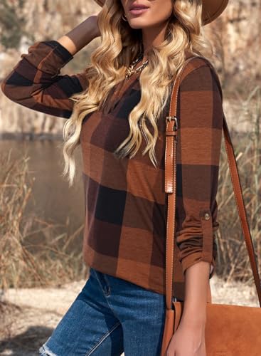 Image of Dokotoo Womens Tops Plaid Cotton Cuffed 3 /4 Sleeve Shirts Blouses