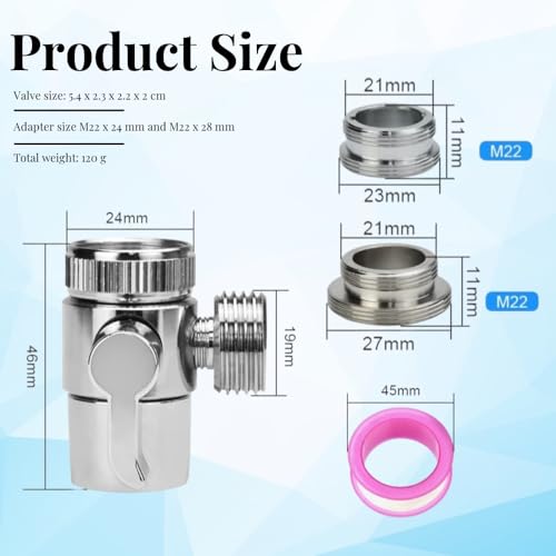 SLTAXAR 3 Wege Umschaltventil Wasserhahn Umstellventil Ventil Umschalter M22 X M24 Umlenkventil Dusche Diverter Ventil Messing Chrom Poliert Umschaltventil Brause Dusche Adapter für Küche Bad