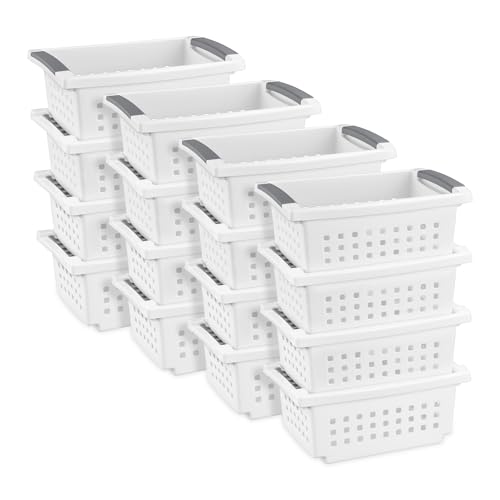 Image of Sterilite 16608008 Small Stacking Basket with Vertical Stacking Functionality and Titanium Accents for Organization in Home or Office, White (16 Pack)