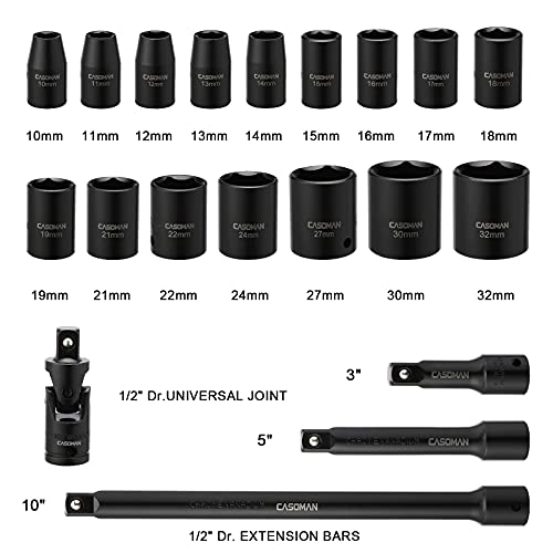 Casoman 1/2-Inch Drive Shallow Impact Socket Set, Metric, 10Mm-32Mm, Cr-V, 6-Point, 20-Piece 1/2" Shallow Sockets Set With Extension Bar And Universal Joints #TOP2