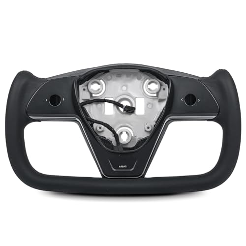 Heated Yoke Steering Wheel for Tesla Model 3 2017-2023 Model Y 2019-2025 Full Smooth Black Leather Includes Black Trim Bezel Thicker Sport Grip Plaid Style Replacement Not for 2024 Highland