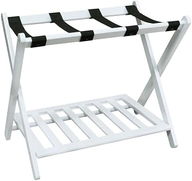 Furnifact White Wooden Suitcase Stand with Lower Shelf, Luggage Rack for Guest Room, Folding Frame with Felt Drawer and Strap Support for Suitcases