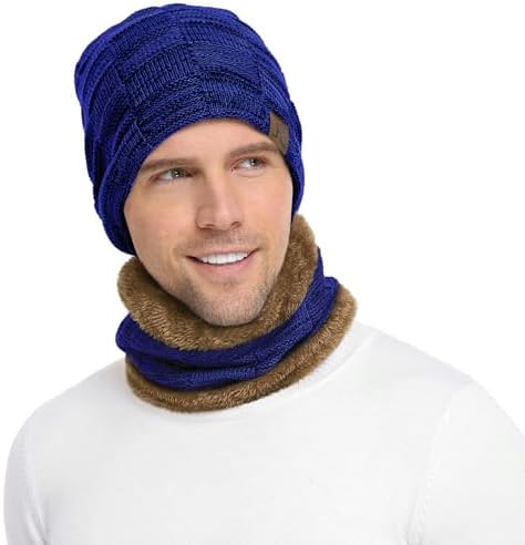 Bequemer Laden Winter Beanie Mütze Herren Loop Schal Warm Set Gefütterte | 2 Stück Thermo Wintermütze Herren Schlauchschal Set Doppellagige Strickmütze Rundschal Winterschal Männer