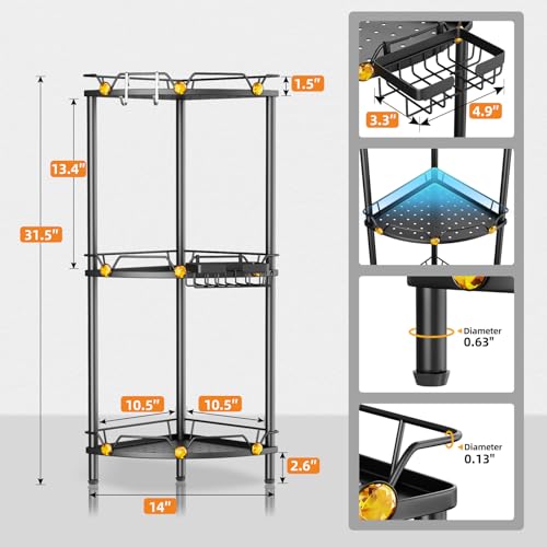 Axdtvoz Shower Caddy Corner 3-Tier,Rustproof Shower Caddy with Soap Holder and 2 Hooks,Large Capacity Stainless Steel Corner Shower Shelves,Floor Standing Shower Organizer Corner for Bathroom,Black by Axdtvoz - Image 2