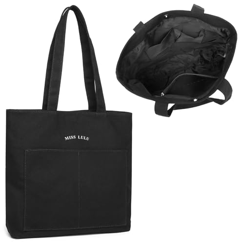 Miss Lulu Bolsa de lona para mujer, impermeable y resistente al desgaste, bolsa de hombro escolar de gran capacidad, bolsas duraderas y ecológicas para compras, escuelas, viajes, Black, L, Minimal Miss Lulu Bolsa de lona para mujer, impermeable y resistente al desgaste, bolsa de hombro escolar de gran capacidad, bolsas duraderas y ecológicas para compras, escuelas, viajes, Black, L, Minimal