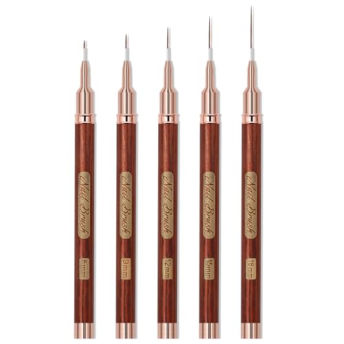 Nail art brushes, 5Pcs Nail Art Liner Brushes, Painting Art Design Brush Set Nail Dotting Drawing Tool for Long Lines, Thin Details, Fine Drawing Sizes 6/9/12/15/18mm, Rose gold