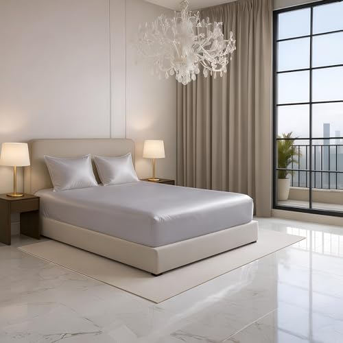 Image of Luxe Ere Elastic Fitted Satin Bedsheet King Size (78x72) with 2 Pillow Covers, Ultra-Smooth 300TC Silky Fabric, Perfect for Home Decor, Gifting & Romantic Escapes- Moonstone Grey