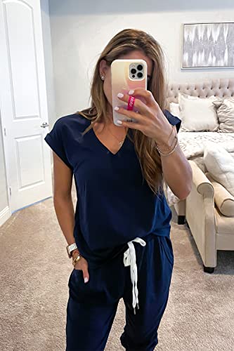 Prettygarden Women's Two Piece Tracksuit V Neck Short Sleeve Tops Long Pants With Drawstring Outfits Jogger Sets(Dark Blue, X-Large) #TOP1