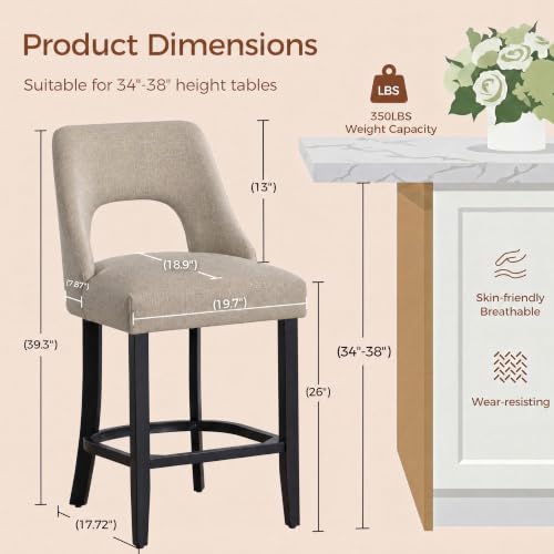 Image of UVV Bar Stools Set of 4, Upholstered Counter Height Bar Stools, Modern Counter Stools with Wood Legs for Kitchen Island Dining Room Bar, Khaki-Black Legs