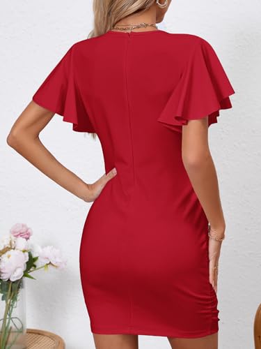 Image of Women's Sexy V Neck Ruffle Sleeve Bodycon Mini Cocktail Party Dress Casual Short Sleeve Work Dress