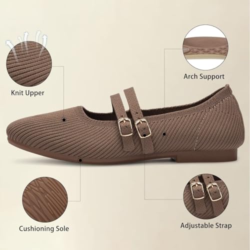Image of Frank Mully Women's Flats Square Toe Mary Jane Shoes Ballet Flats with Strap Comfortable Slip On Knit Shoes Dressy Casual