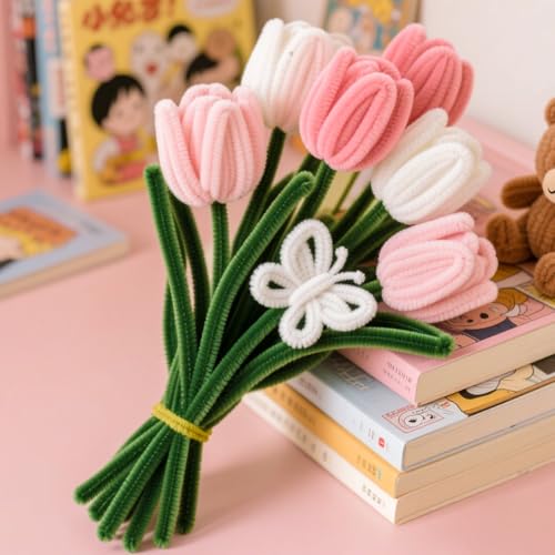 Image of ASTARON 521 Pcs 5 Colors Art Chenille Stems Pipe Cleaners Flower Making Kit | Pink Series Craft Pipe Cleaners,20 Floral Wires,Green Gardening Tape, Flowers Making Kit, Polyester Fluffy Pipe Cleaners Set